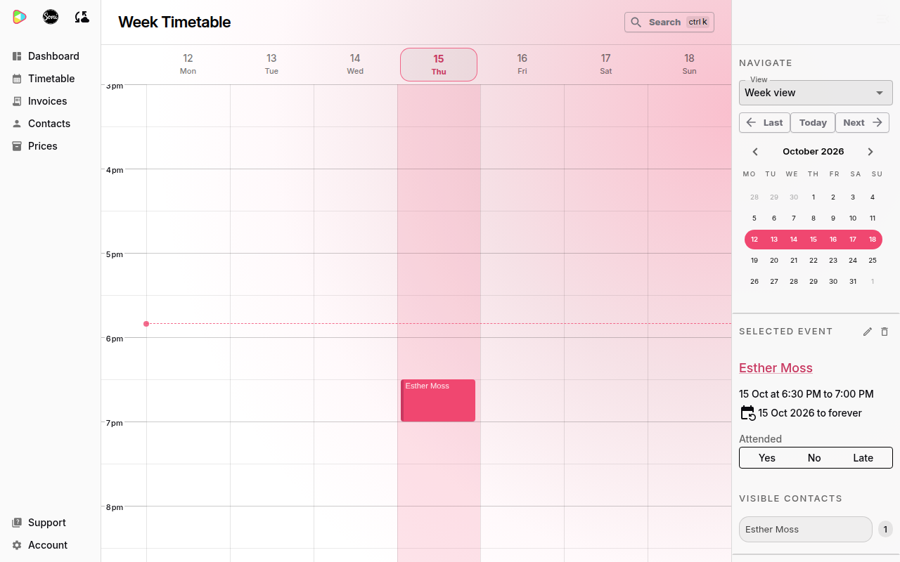 Esther Moss’s lesson on the timetable, with the Selected Event panel showing 6:30 PM to 7:00 PM, every week to forever