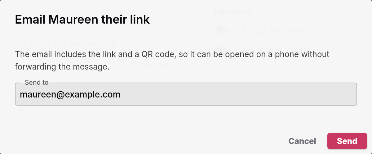 The Email Maureen their link dialog with maureen@example.com in the Send to box and a Send button
